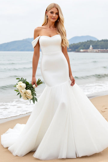 Ivory Off The Shoulder Long Mermaid Wedding Dress